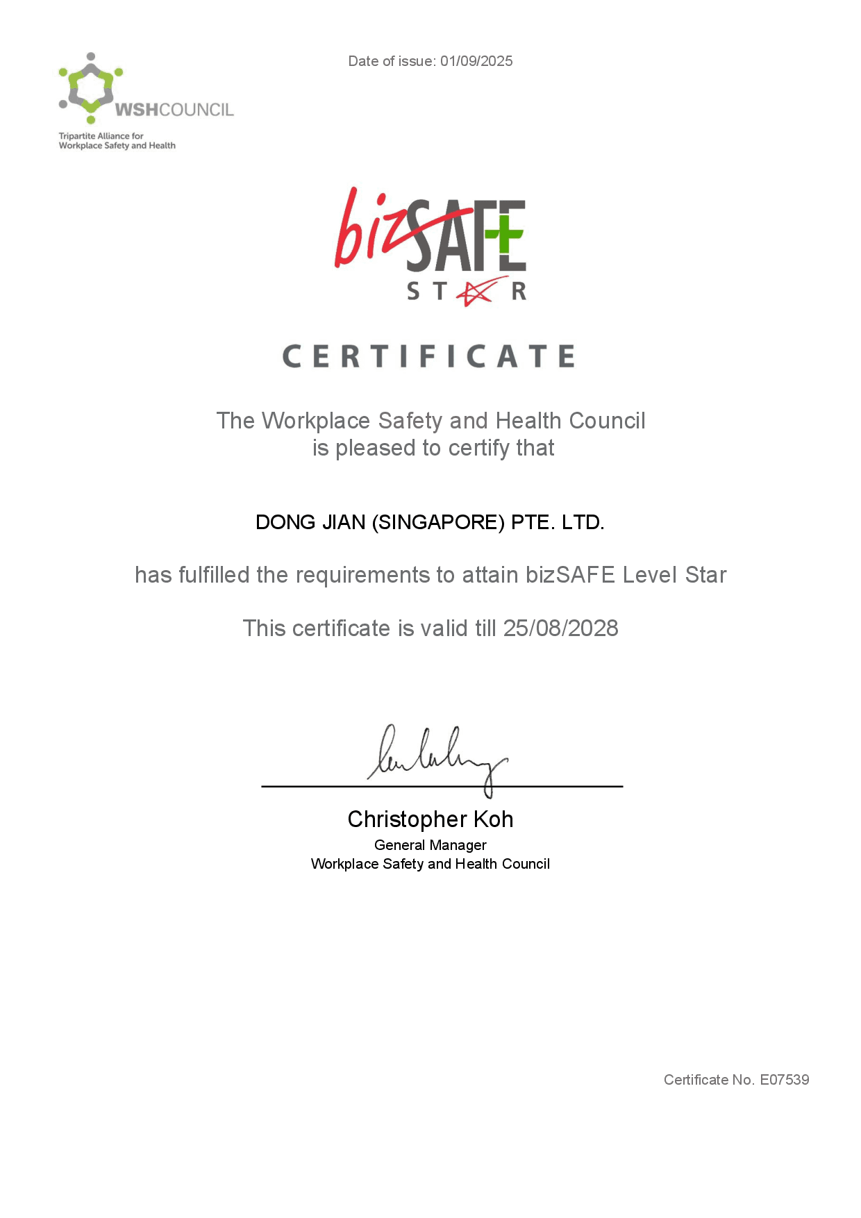 bizSAFE Star, issued by Workplace Safety and Health Council