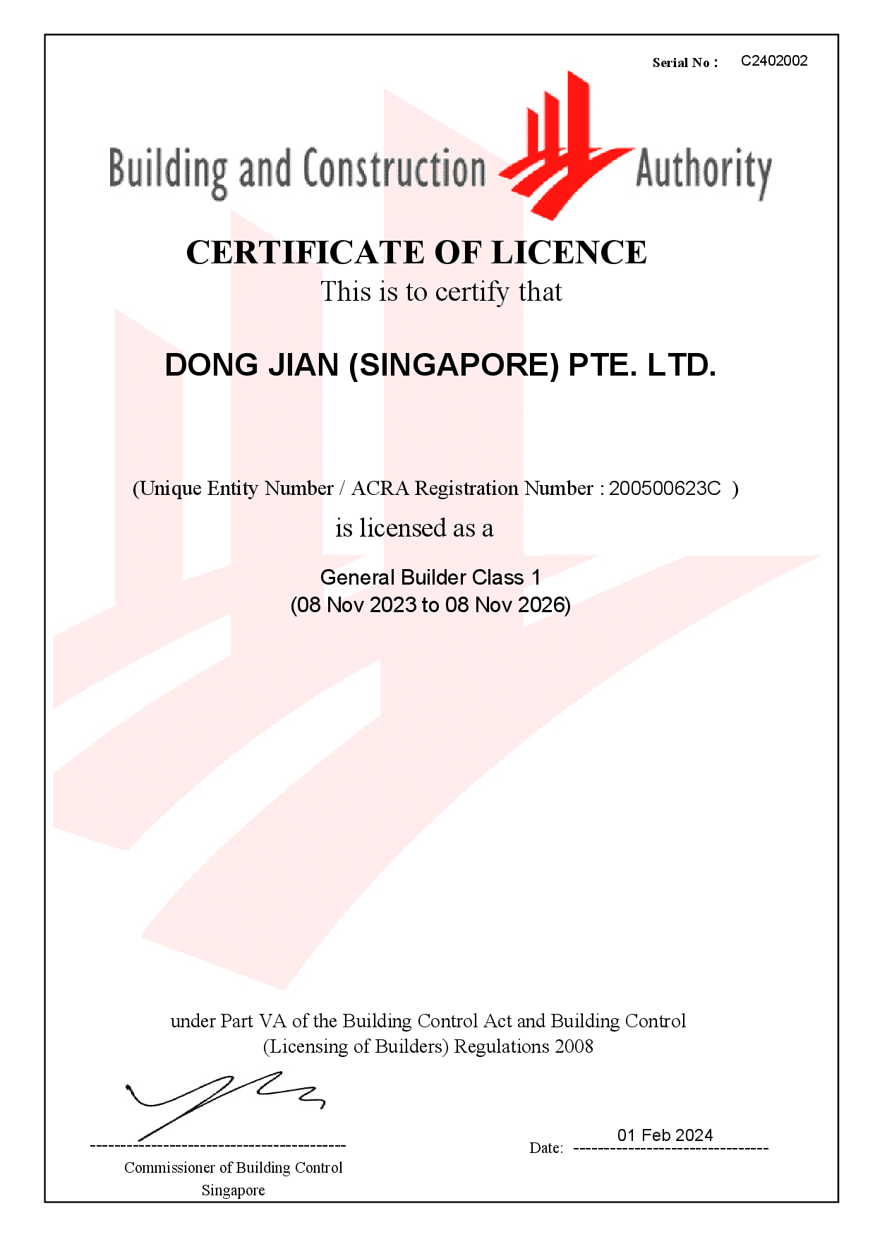 General Builder Class 1, issued by Building and Construction Authority