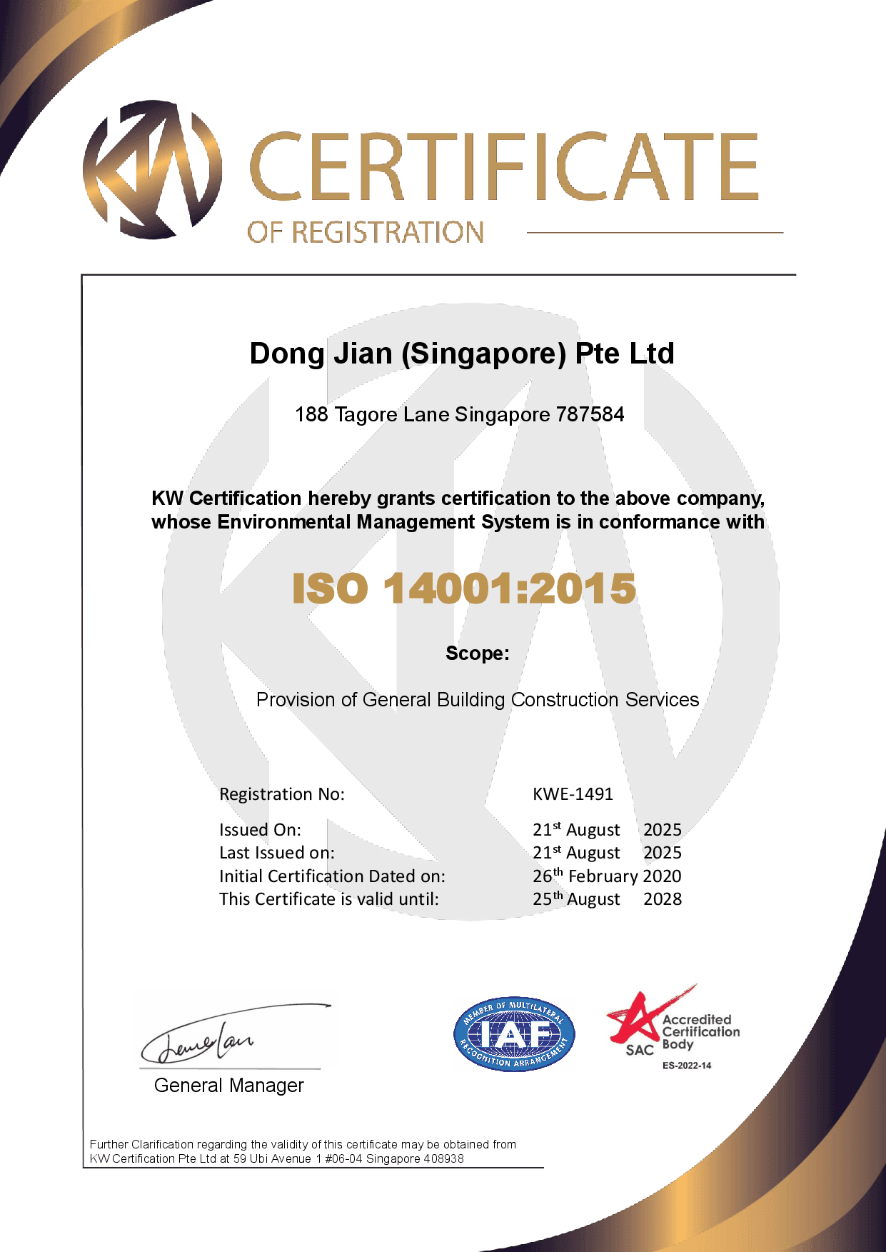 ISO 14001:2015, issued by KW Certification